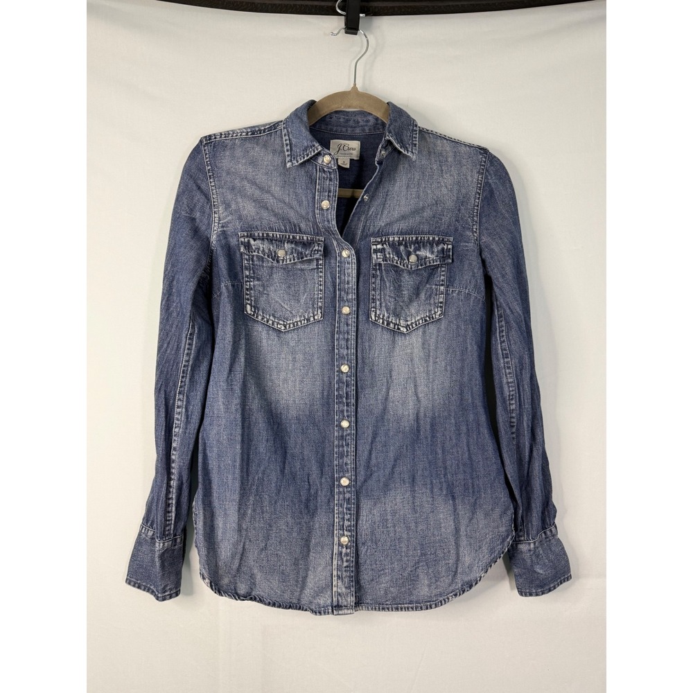 J.Crew Western Chambray Shirt Womens Size 0 Blue Denim Snap Button Long Sleeve